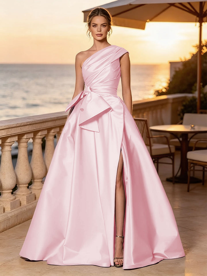 Satin A Line One Shoulder Sash Side Slit Evening Dresses