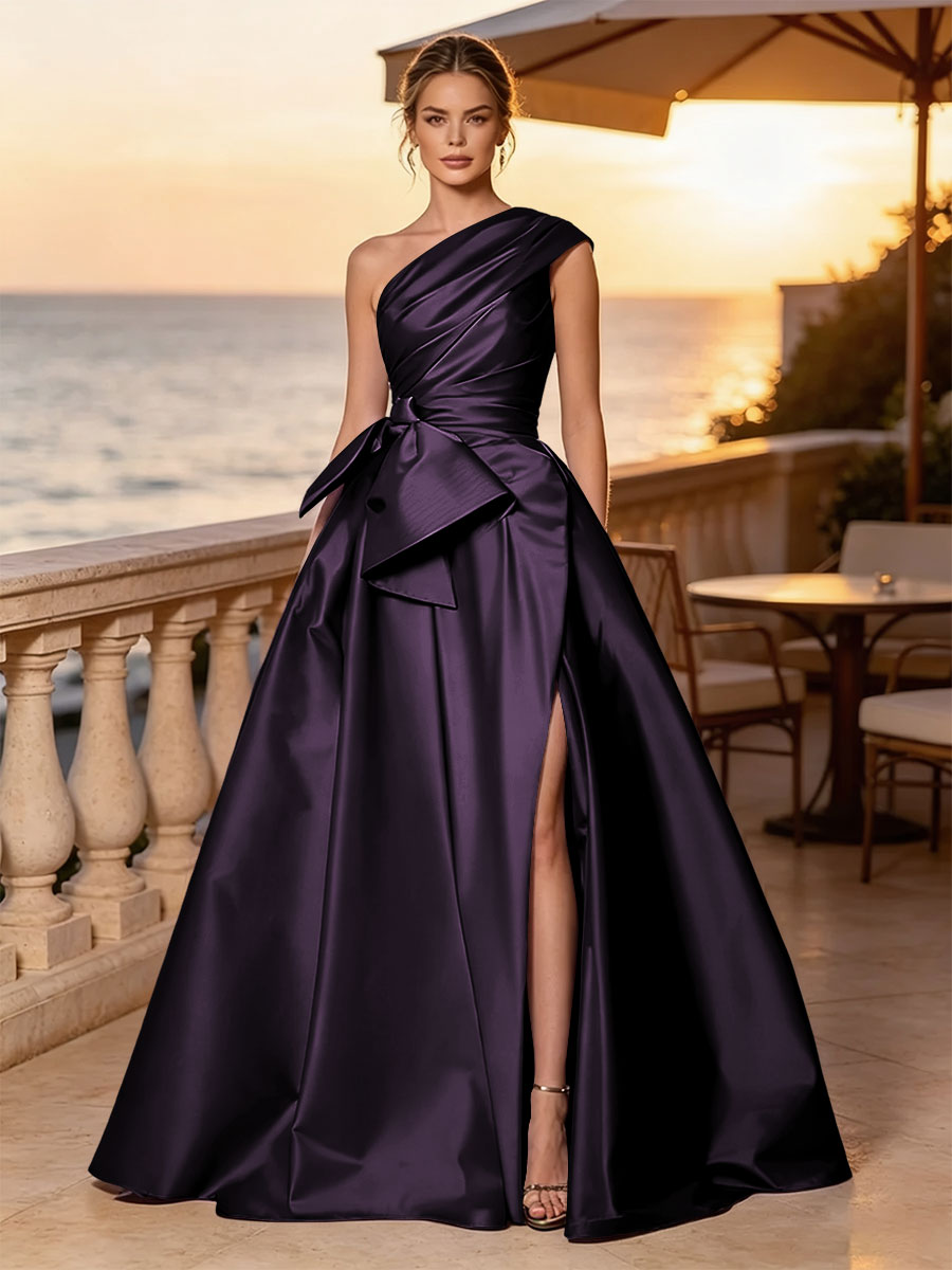Satin A Line One Shoulder Sash Side Slit Evening Dresses