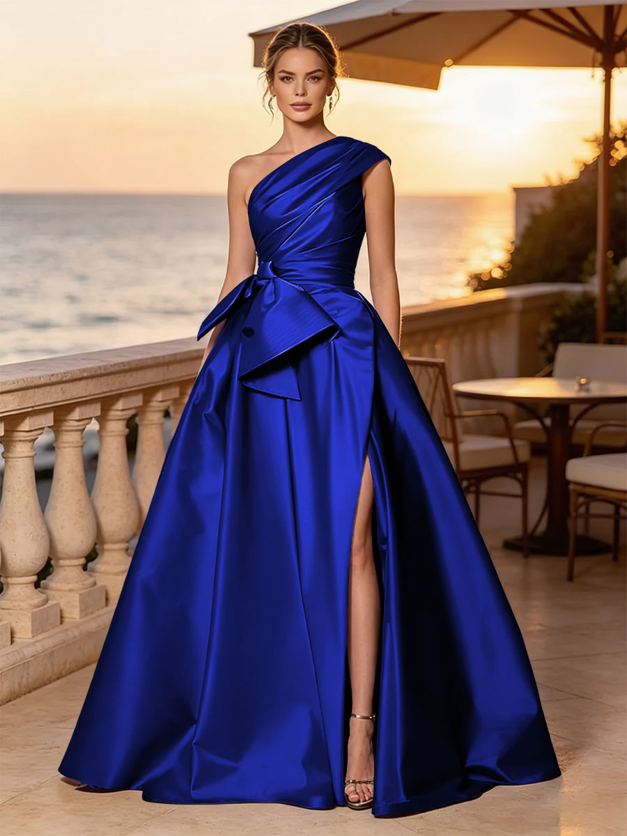 Satin A Line One Shoulder Sash Side Slit Evening Dresses