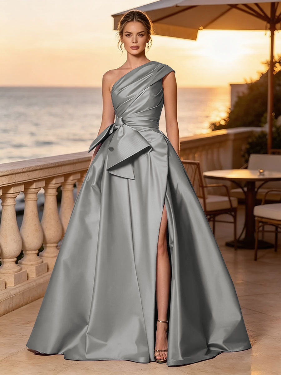 Satin A Line One Shoulder Sash Side Slit Evening Dresses