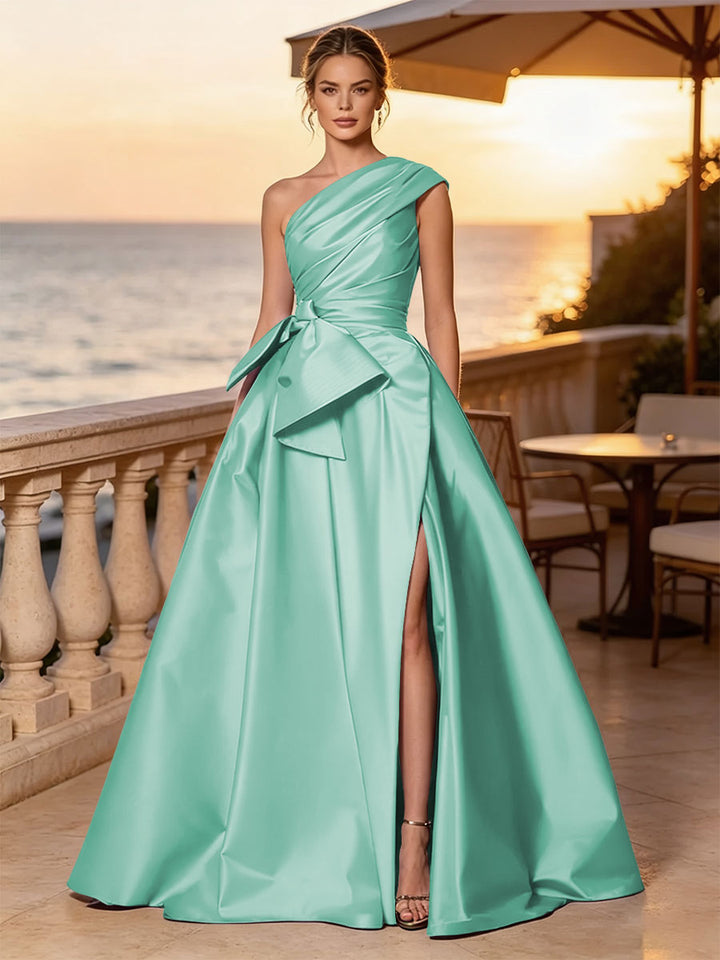 Satin A Line One Shoulder Sash Side Slit Evening Dresses