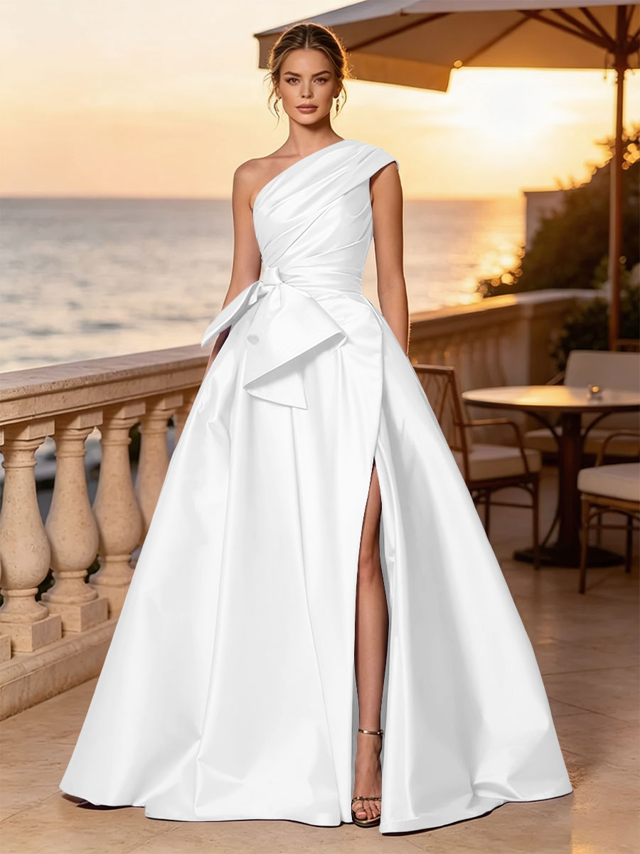 Satin A Line One Shoulder Sash Side Slit Evening Dresses