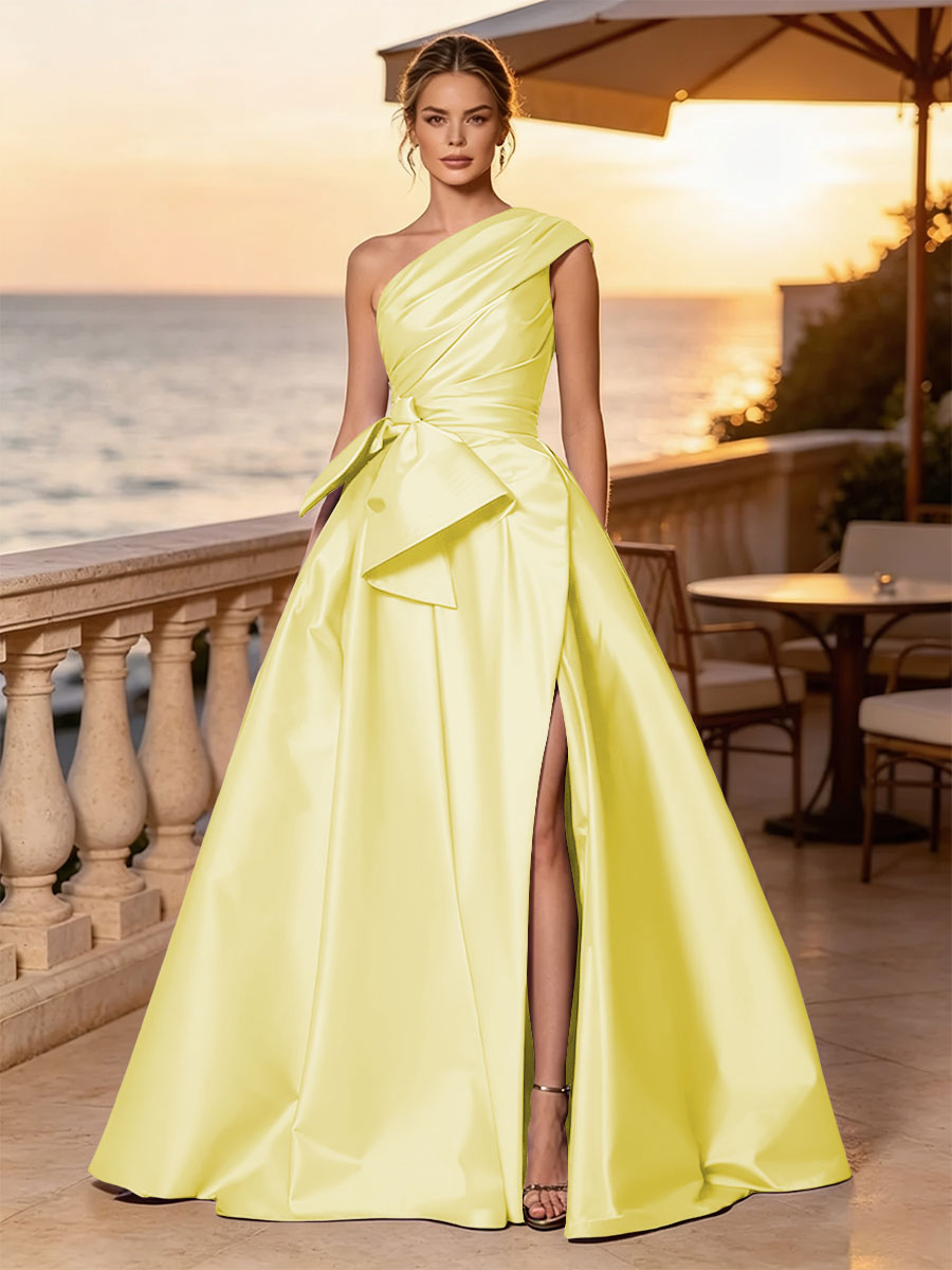 Satin A Line One Shoulder Sash Side Slit Evening Dresses