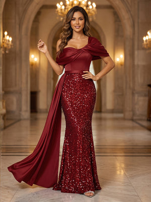Sequin Mermaid Off the Shoulder Sash Ruched Evening Dresses