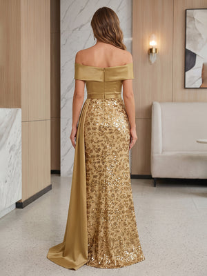 Sequin Floral Mermaid Off the Shoulder Side Slit Ruched Evening Dresses
