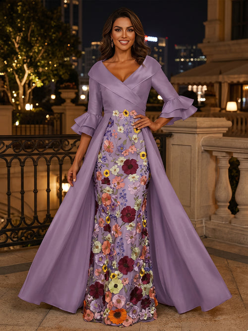 Embroidery A Line V Neck Ruffles Ruched Evening Dresses