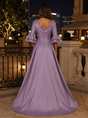 Embroidery A Line V Neck Ruffles Ruched Evening Dresses