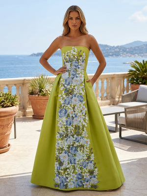 Floral Print A Line Strapless Pleats Ruched Evening Dresses