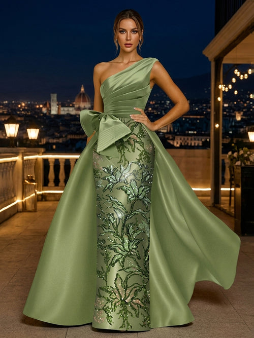 Sequin Floral A Line One Shoulder Bow Ruched Evening Dresses