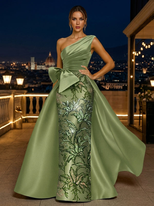 Sequin Floral A Line One Shoulder Bow Ruched Evening Dresses