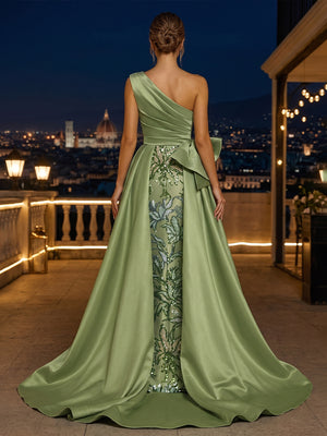 Sequin Floral A Line One Shoulder Bow Ruched Evening Dresses