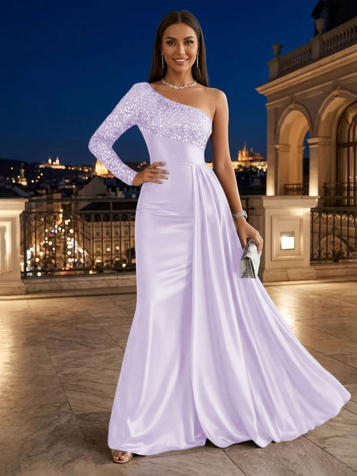 Satin A Line One Shoulder Sequin Pleats Evening Dresses