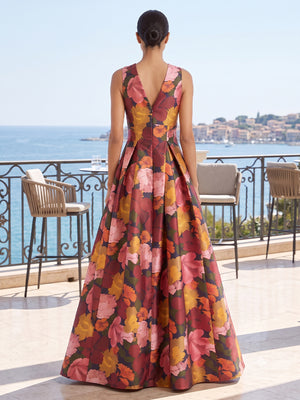 Floral Print A Line V Neck Pleats Ruched Evening Dresses