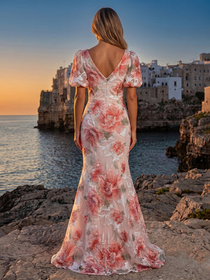 Floral Mermaid V Neck Sequin Ruched Evening Dresses