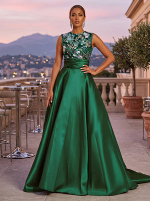 Satin A Line Scoop Neck Sequin Floral Ruched Evening Dresses