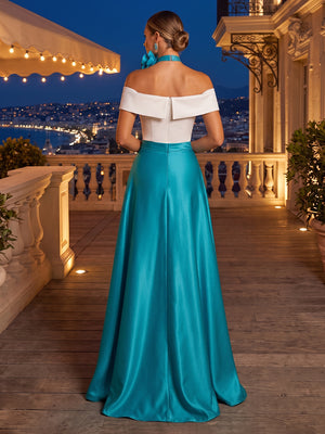 Satin A Line Off the Shoulder 3D Flowers Ruched Evening Dresses