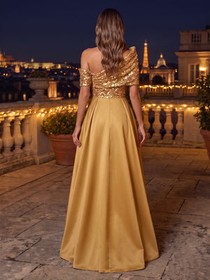 Satin High Low Off the Shoulder Sequin Ruched Evening Dresses