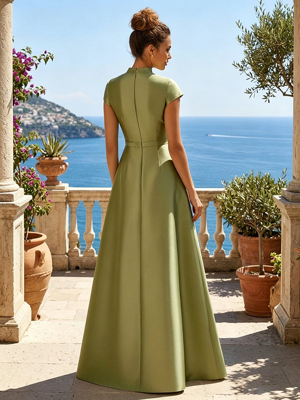 Satin A Line High Neck Sequin Floral Ruched Evening Dresses