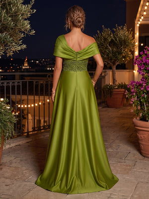 Satin A Line Off the Shoulder Sequin Floral Ruched Evening Dresses