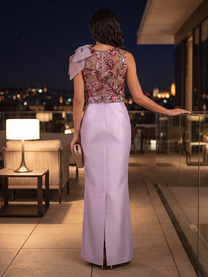 Satin Sheath Scoop Neck Sequin Floral elegent Evening Dresses for Women