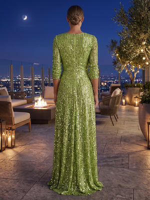 Sequin Sheath V Neck Front Slit Ruched Evening Dresses