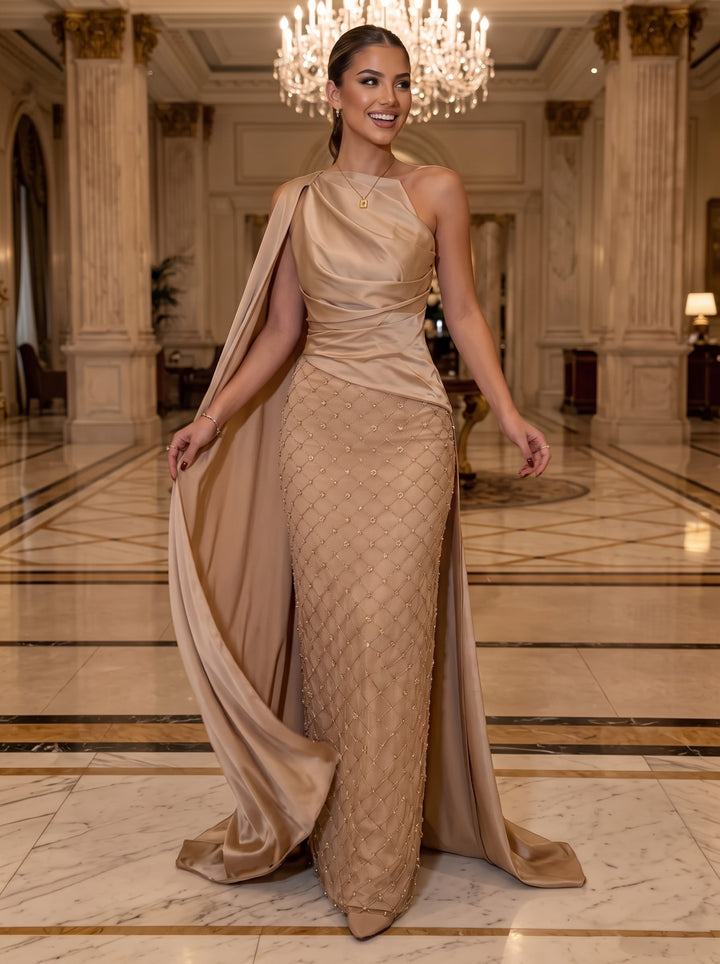 Sequin Sheath One Shoulder Sash Ruched Evening Dresses