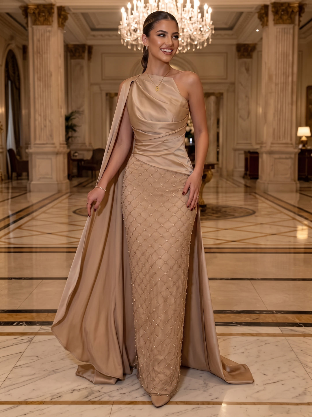 Sequin Sheath One Shoulder Sash Ruched Evening Dresses