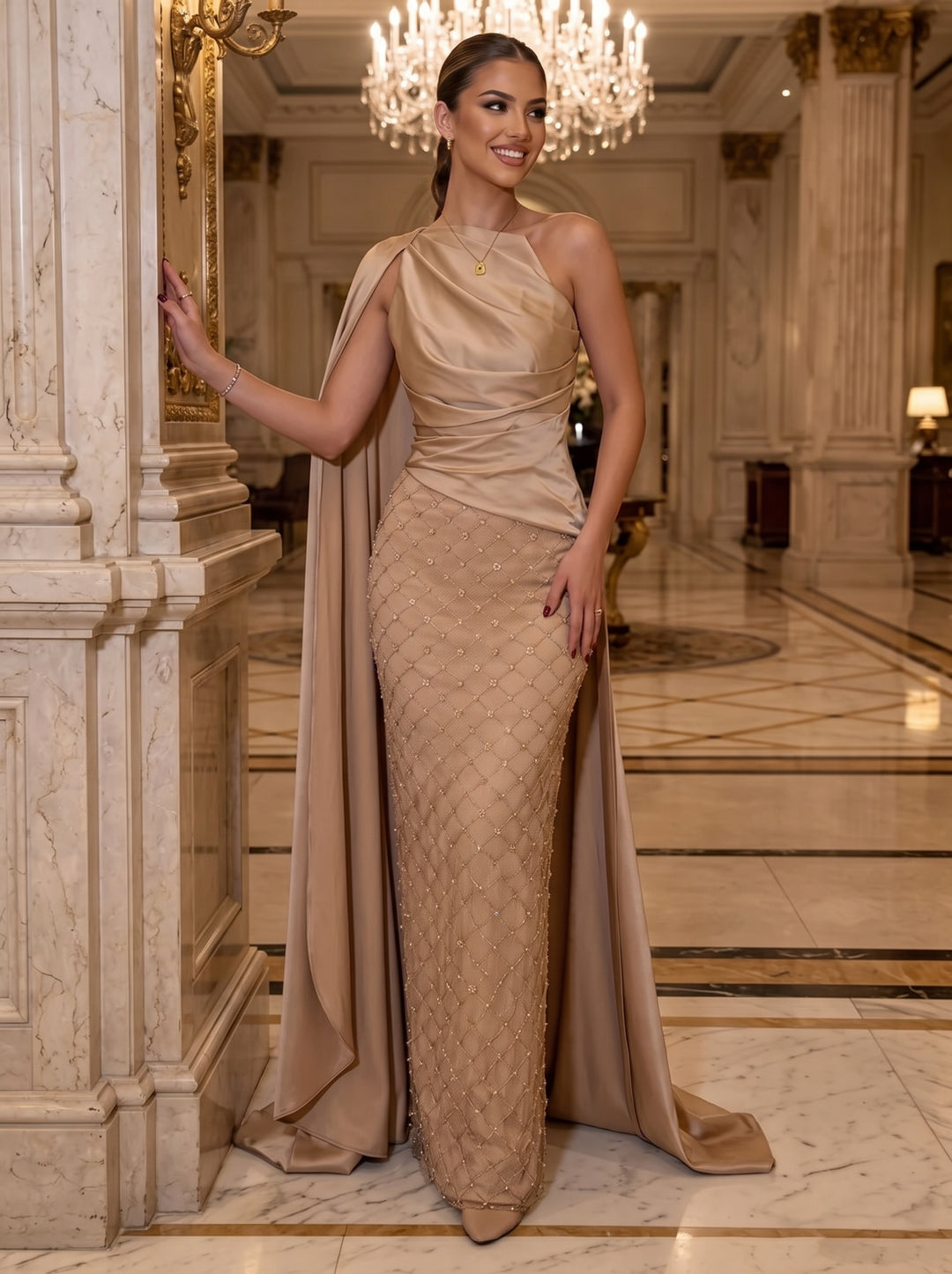 Sequin Sheath One Shoulder Sash Ruched Evening Dresses