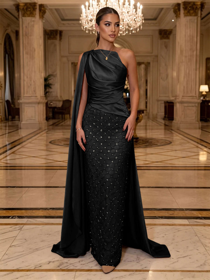 Sequin Sheath One Shoulder Sash Ruched Evening Dresses