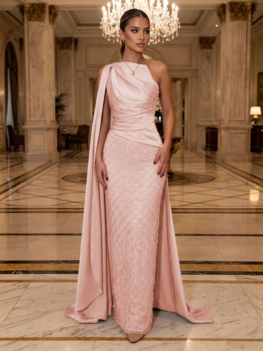 Sequin Sheath One Shoulder Sash Ruched Evening Dresses