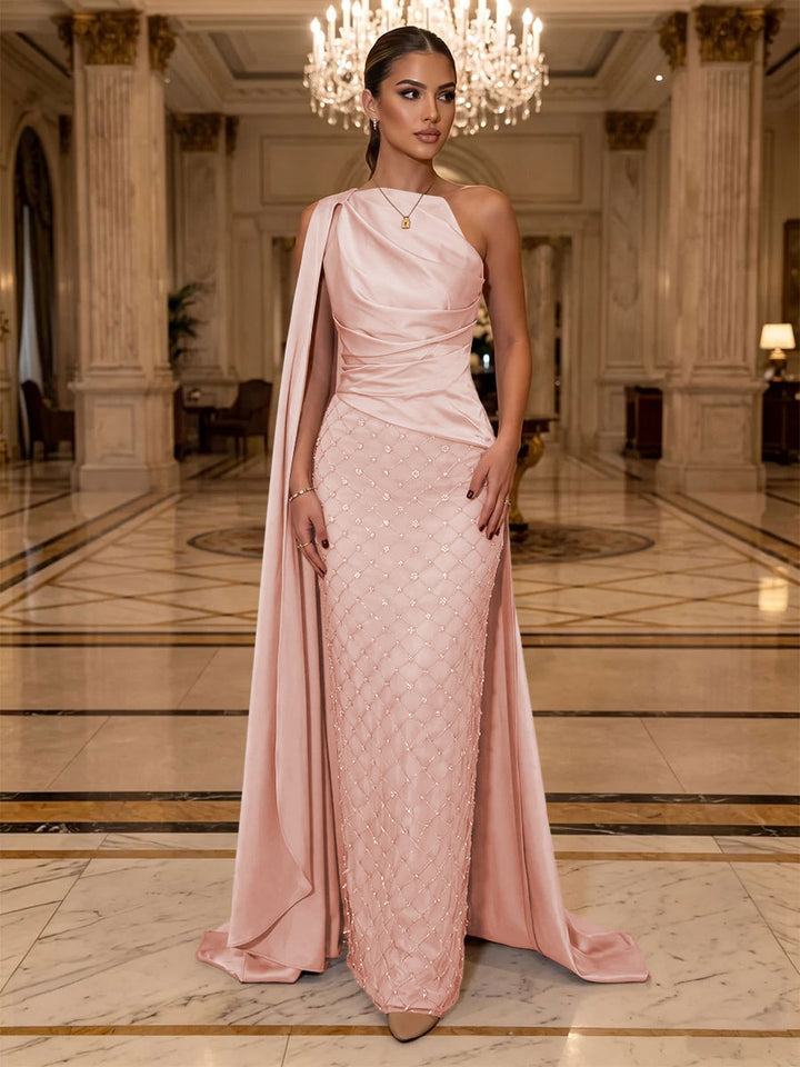 Sequin Sheath One Shoulder Sash Ruched Evening Dresses