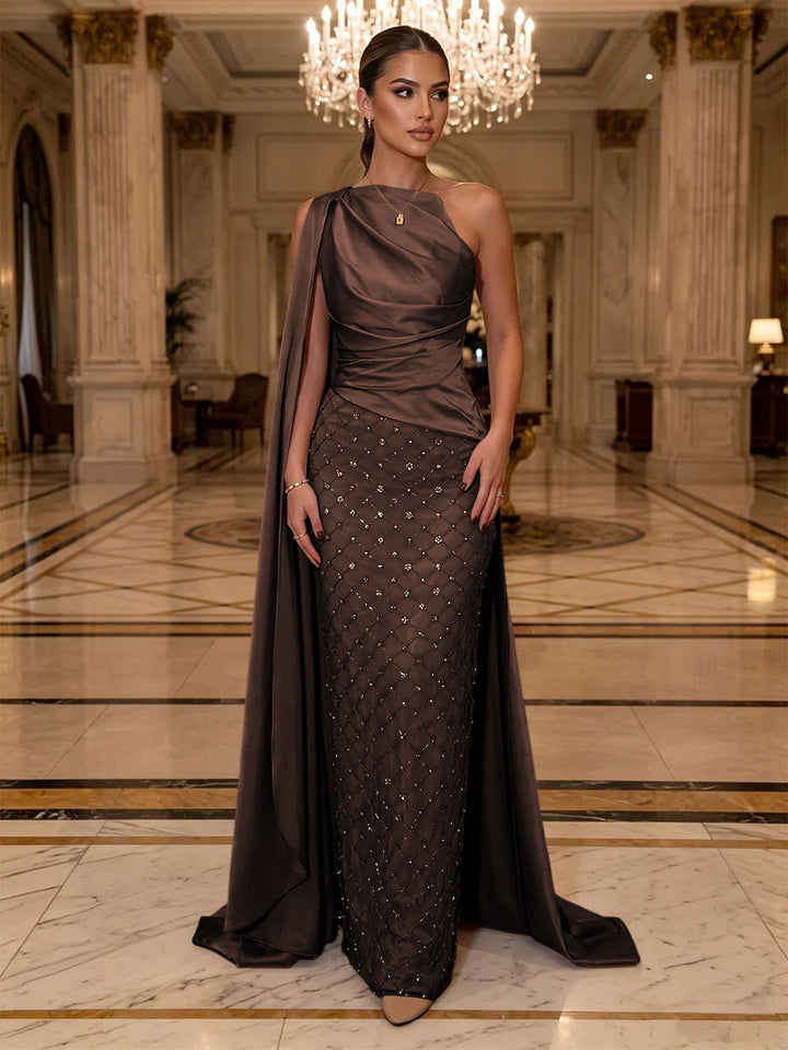 Sequin Sheath One Shoulder Sash Ruched Evening Dresses
