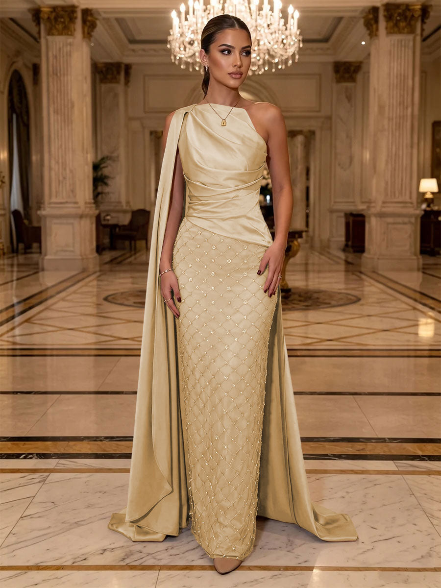 Sequin Sheath One Shoulder Sash Ruched Evening Dresses