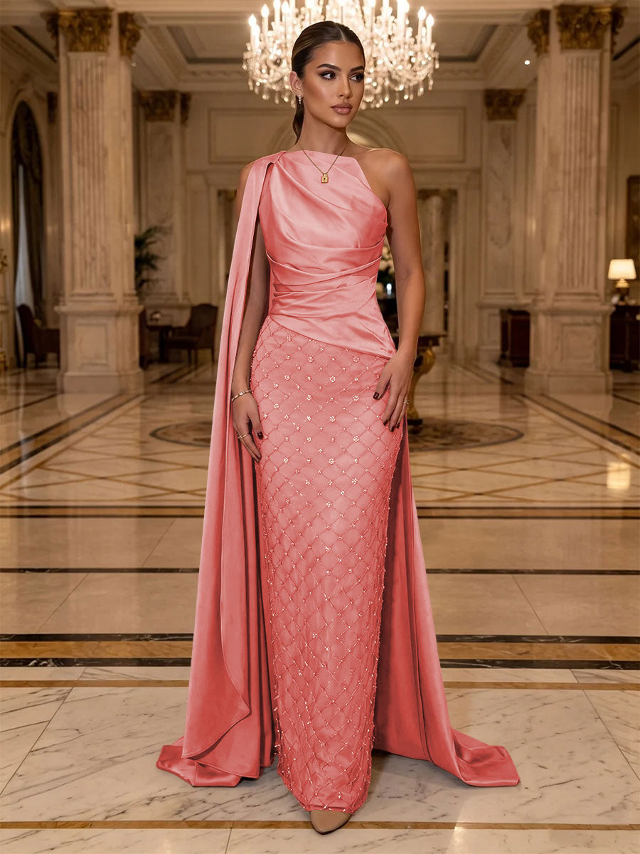 Sequin Sheath One Shoulder Sash Ruched Evening Dresses