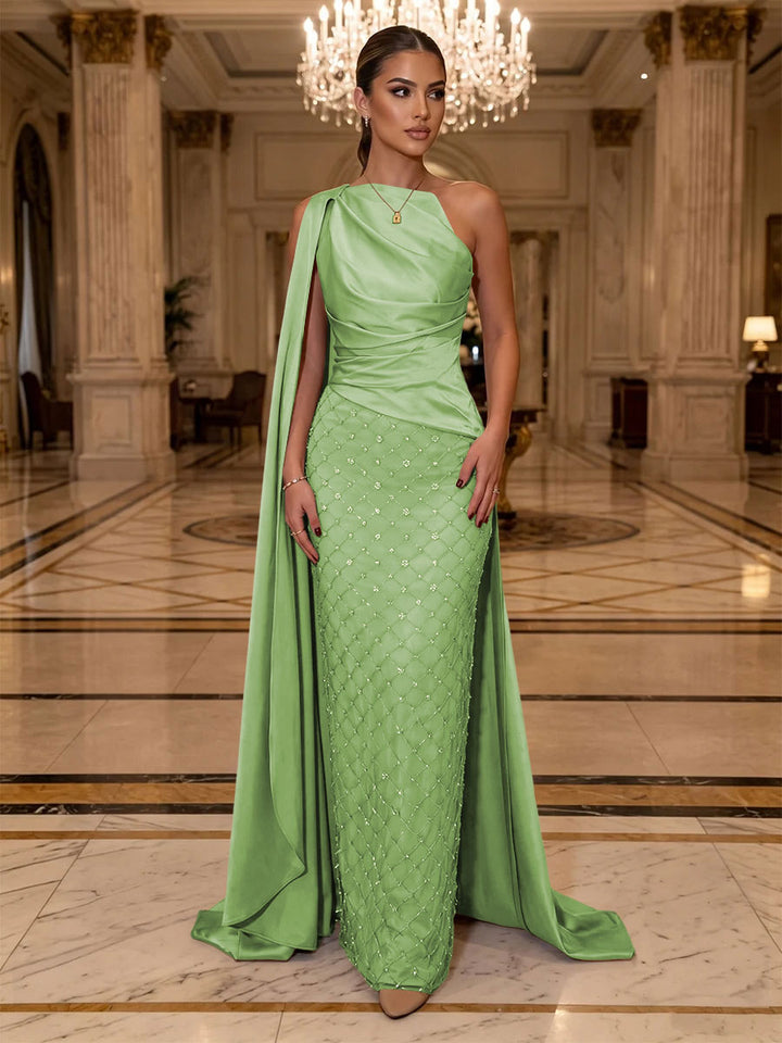 Sequin Sheath One Shoulder Sash Ruched Evening Dresses