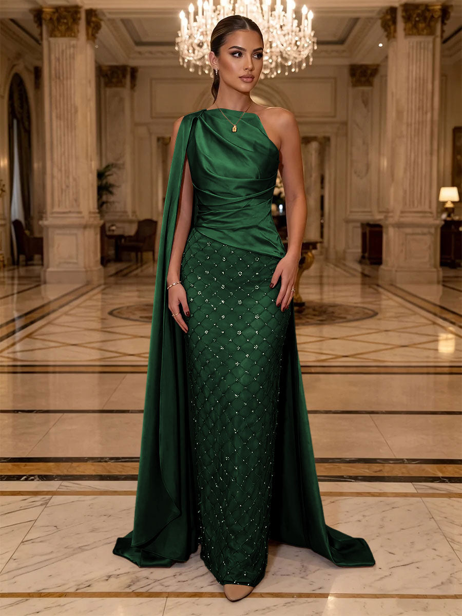 Sequin Sheath One Shoulder Sash Ruched Evening Dresses