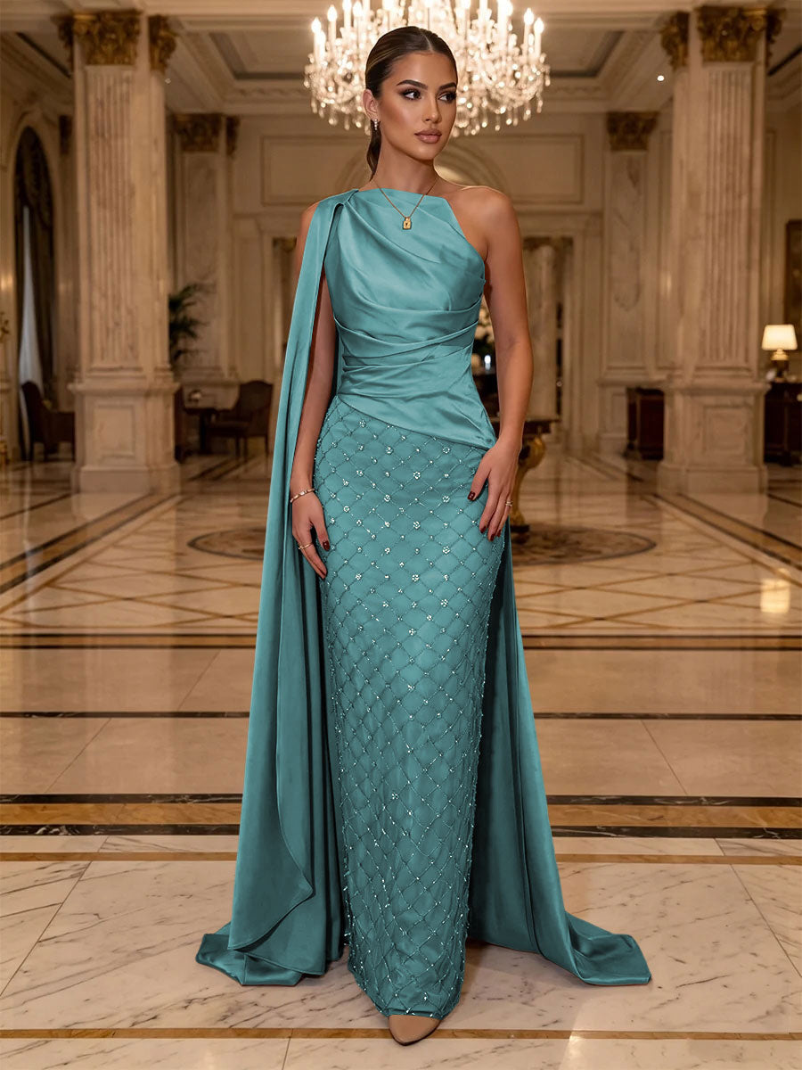 Sequin Sheath One Shoulder Sash Ruched Evening Dresses
