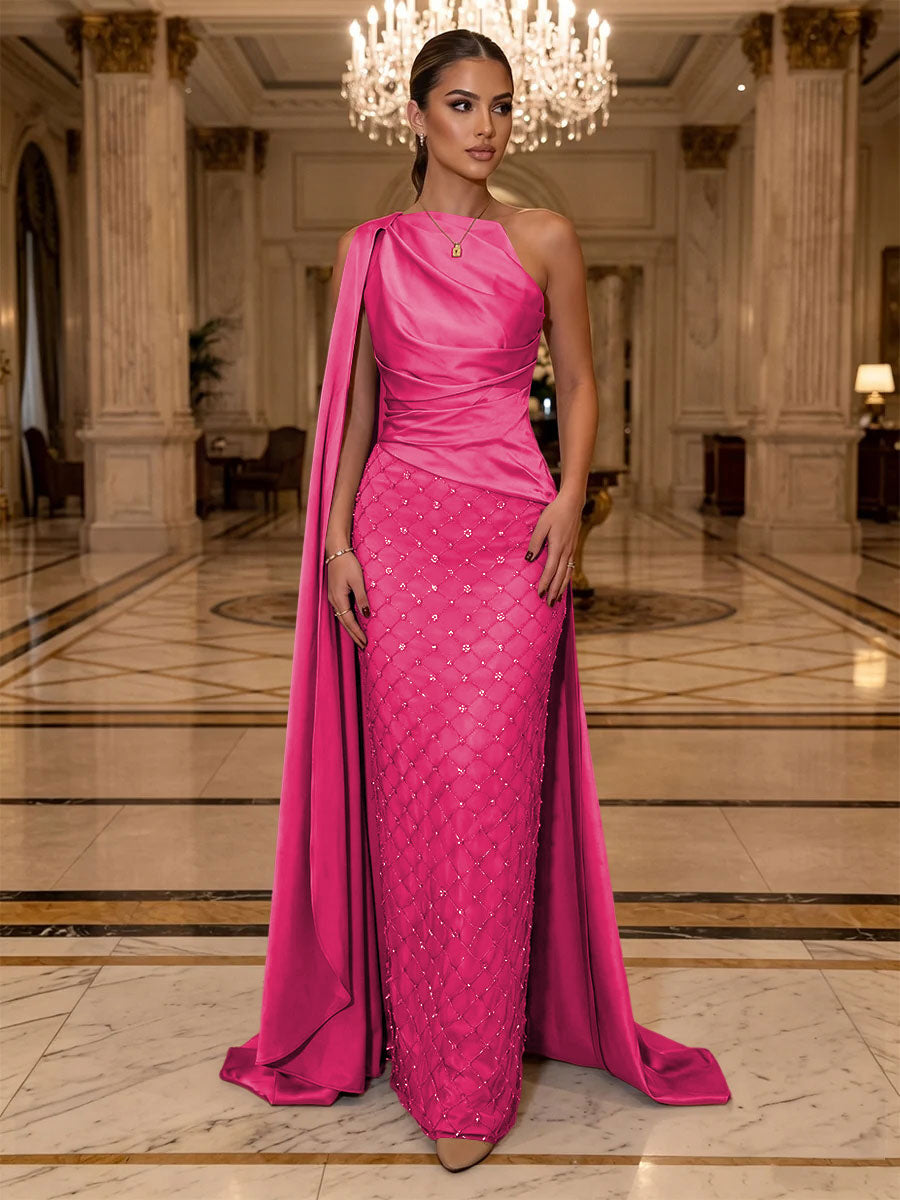 Sequin Sheath One Shoulder Sash Ruched Evening Dresses