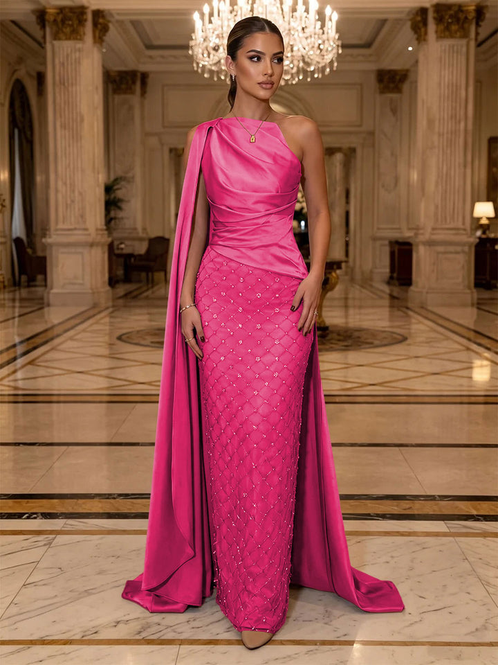 Sequin Sheath One Shoulder Sash Ruched Evening Dresses