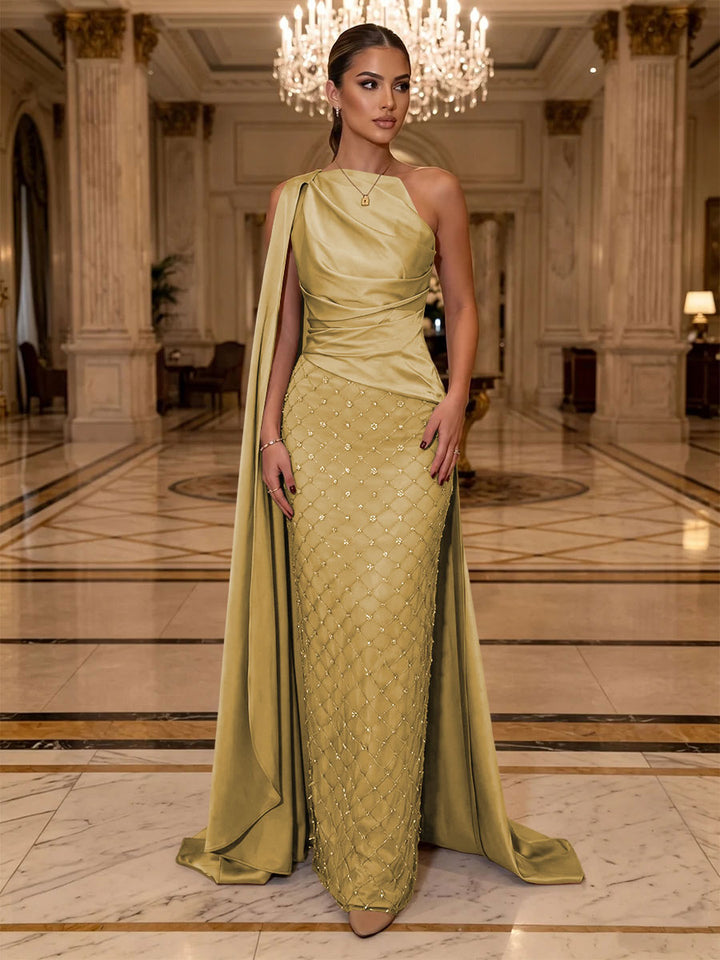 Sequin Sheath One Shoulder Sash Ruched Evening Dresses