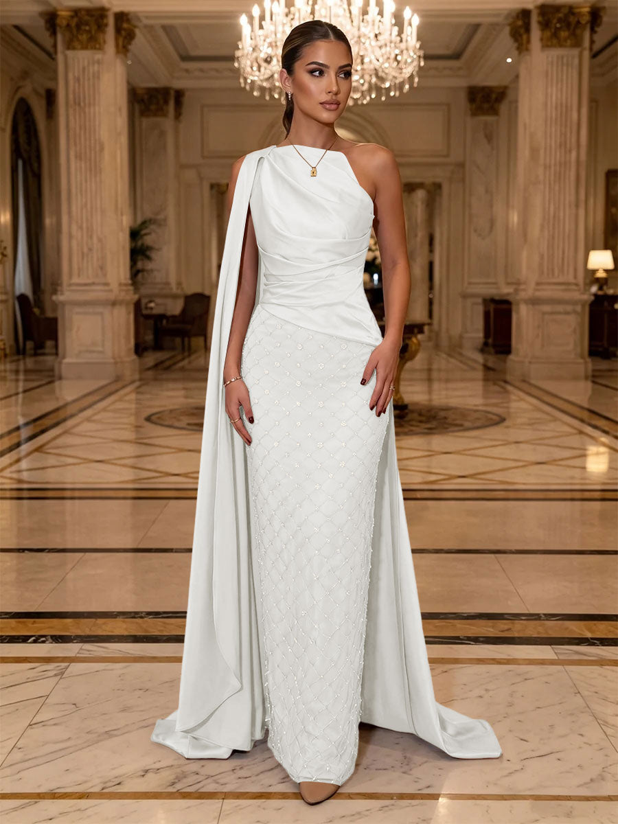 Sequin Sheath One Shoulder Sash Ruched Evening Dresses