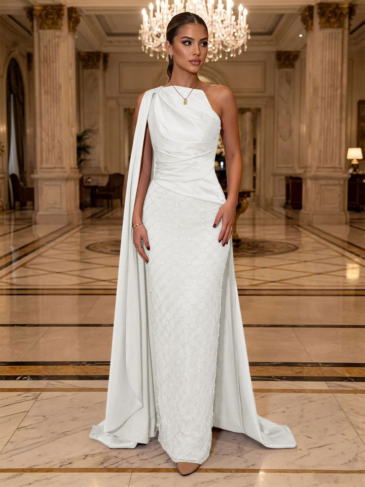 Sequin Sheath One Shoulder Sash Ruched Evening Dresses