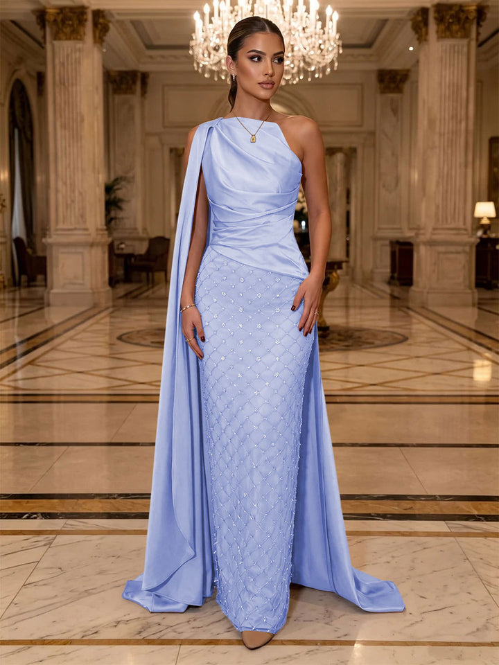 Sequin Sheath One Shoulder Sash Ruched Evening Dresses