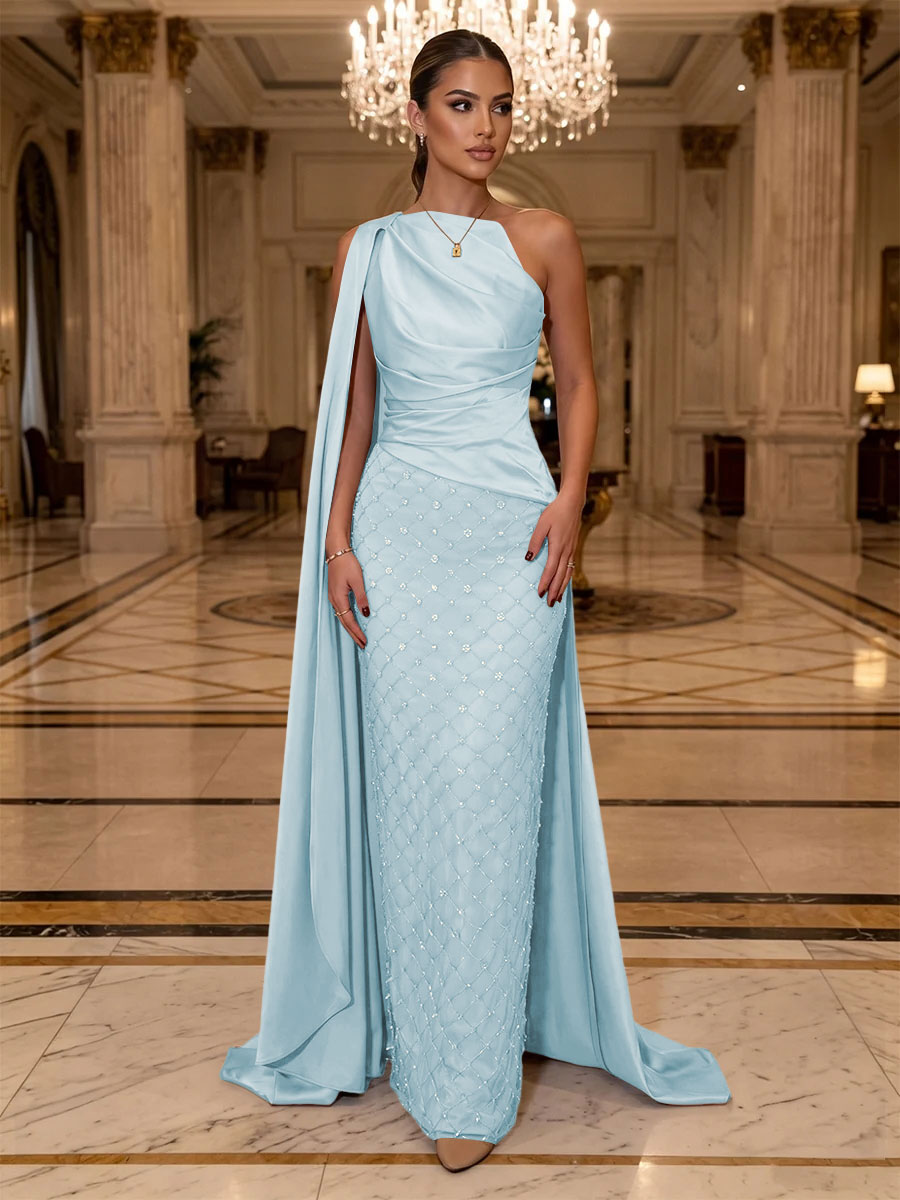 Sequin Sheath One Shoulder Sash Ruched Evening Dresses