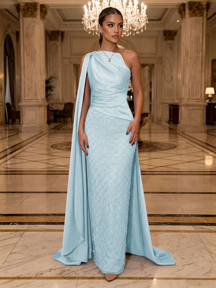 Sequin Sheath One Shoulder Sash Ruched Evening Dresses