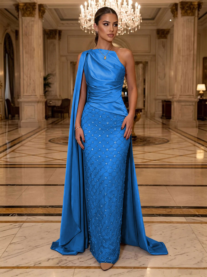 Sequin Sheath One Shoulder Sash Ruched Evening Dresses