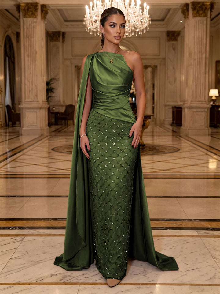 Sequin Sheath One Shoulder Sash Ruched Evening Dresses