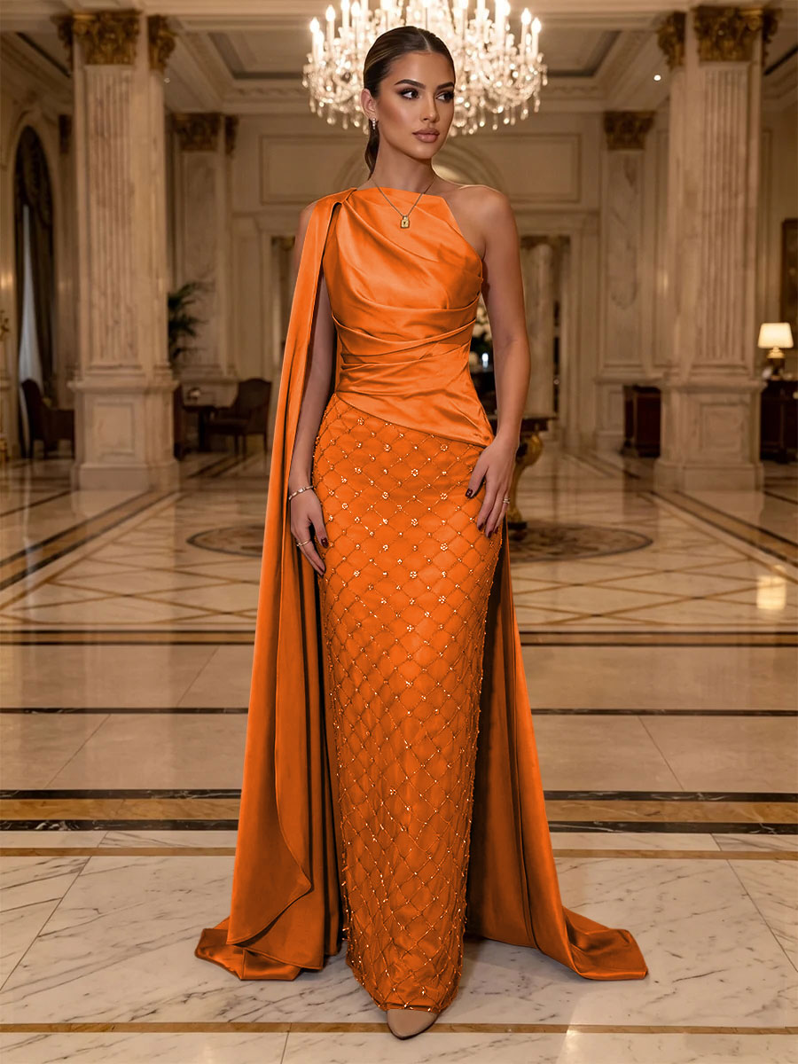 Sequin Sheath One Shoulder Sash Ruched Evening Dresses