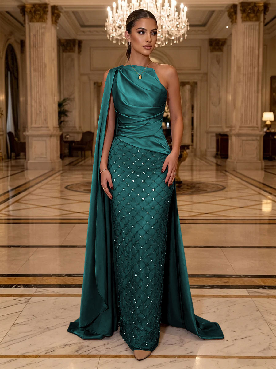 Sequin Sheath One Shoulder Sash Ruched Evening Dresses