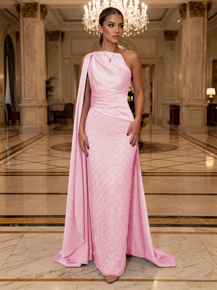 Sequin Sheath One Shoulder Sash Ruched Evening Dresses